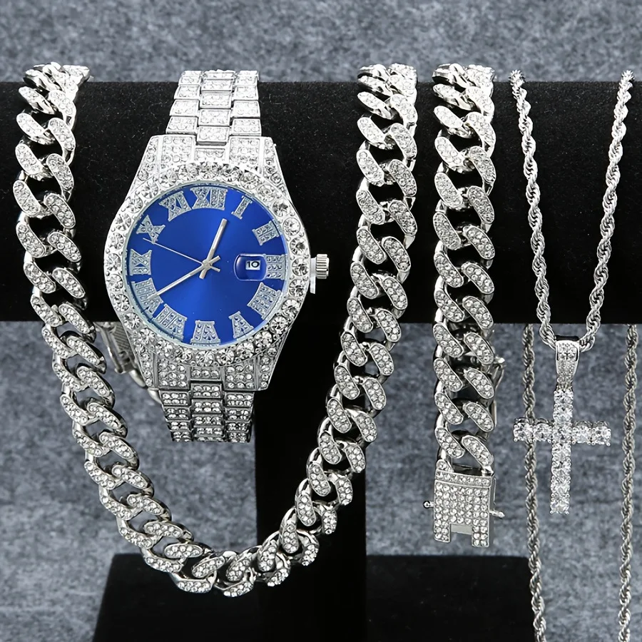 

Full Diamond Roman Literal Steel Strip Watch Starry Sky Charm Business Quartz Watch Hip Hop Style Full Diamond Watch Set