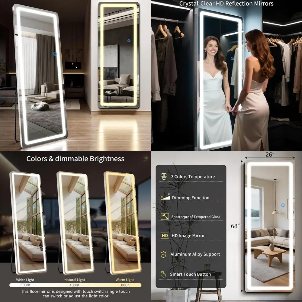 مرآة أرضية كاملة الطول LED مقاس 68 × 26، زوايا مستديرة، ضوء 3 ألوان قابل للتعتيم، جسم كامل، قائم