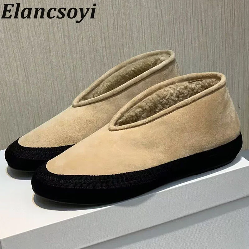 

Winter New Round Toe Cow Suede Thick Soled Flat Shoes Women's Wool Lined Warm Boots Female Daily Versatile Comfortable Loafers