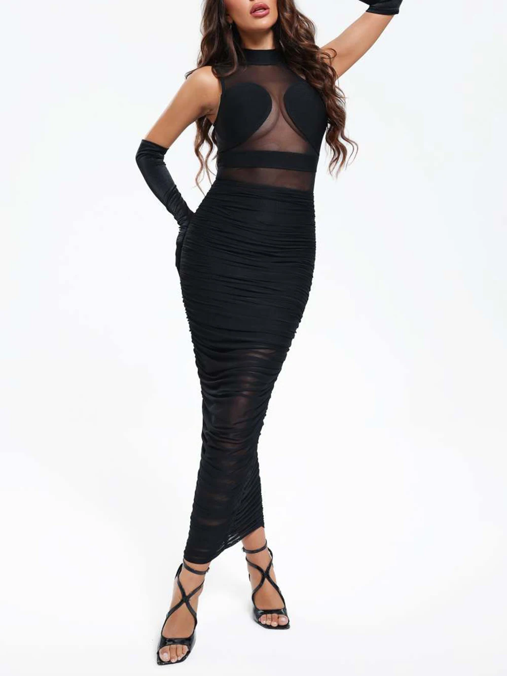 Modphy 2024 New Black Patchwork Mesh See Through Bodycon Midi Dress  Women Sexy Sleeveless Nightclub Party Skinny Elastic Dress