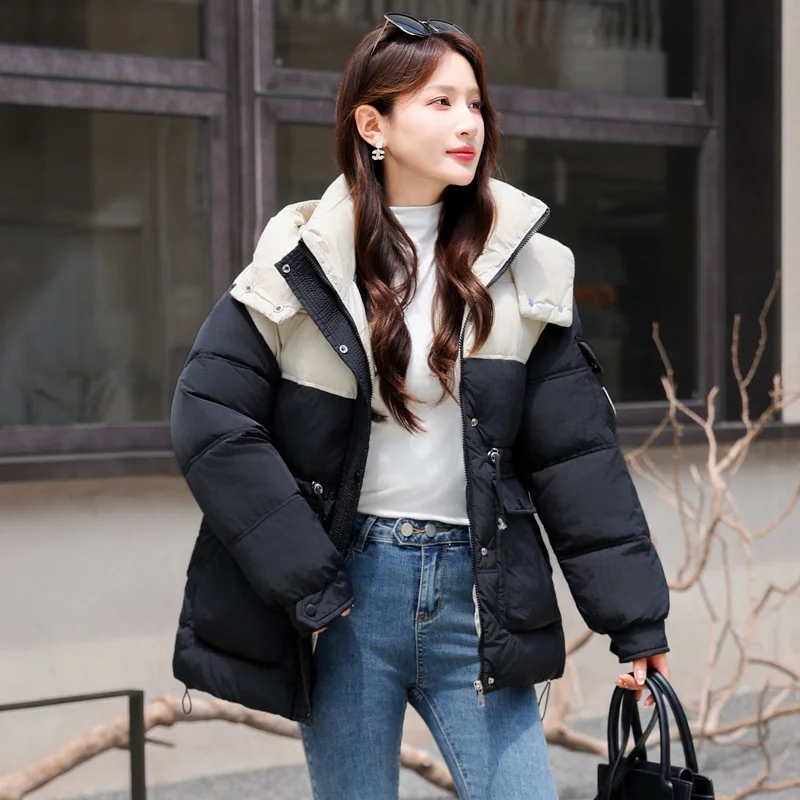 Contrast color Down Cotton-padded Jacket Women's Winter Parkas Short Outerwear Streetwear Thicken Oversize Loose Hooded Coats