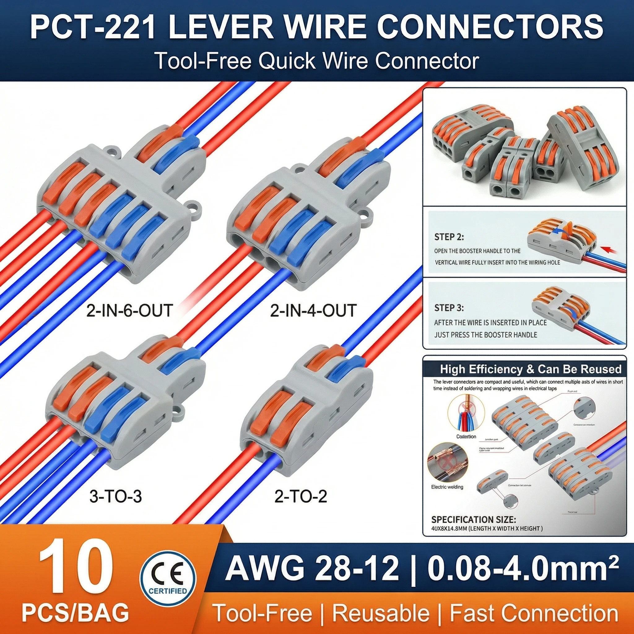 

10Pcs PCT-221/222/223/224/225 Lever Wire Connectors, Quick Connect 0.08-4.0mm, 1-in-2/3/4/5 Way Ideal for LED Strip Lighting
