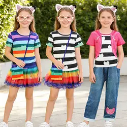Children's Clothing Girls Cartoon Cat doll Black White Stripe T-shirt Rainbow Skirt Set Cats Birthday Party Clothing Set