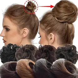 Bollos de pelo lacio rizado sintético para mujer, anillos de pelo esponjosos, sartenes invisibles naturales sin costuras, accesorios de moño