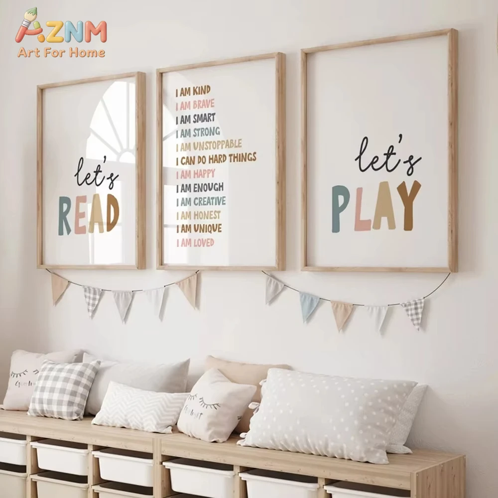 Positive Affirmations Nursery Wall Art 3PCS Unframed Canvas Posters, Let's Play Read Design for Kids Playroom Home Decoration