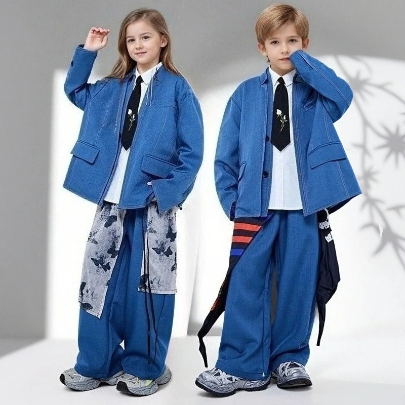 

Детский унисекс-костюм: оверсайз пиджак и брюки с широкими штанинами, уличный стиль, хип-хоп, для выступлений, танцев, на день рождения, для мальчиков и девочек