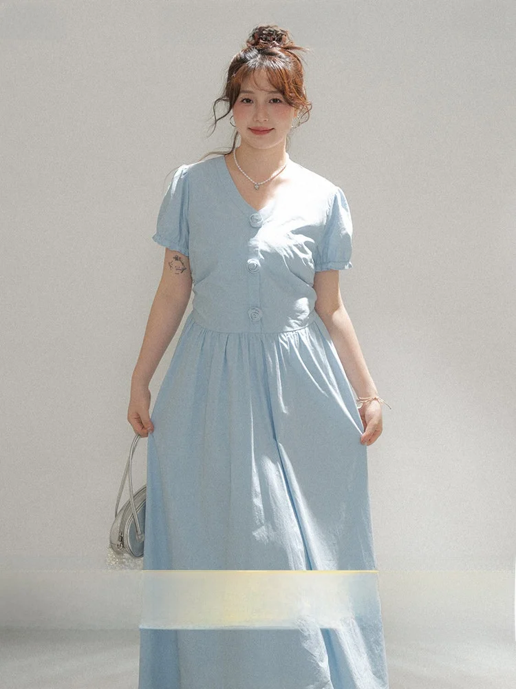 

Heynew Blue 3D Flower Women's plus Size Dress Slimming Beautiful Long Summer Dress Korean Style V-Neck A-Line Cotton Dress