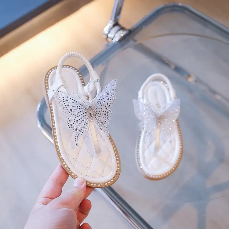 Kids Flats  Rhinestone Butterfly Sandals Girls Princess Rhinestone Party Sandals for Kids Beading Children\'s Leather Beach Shoes