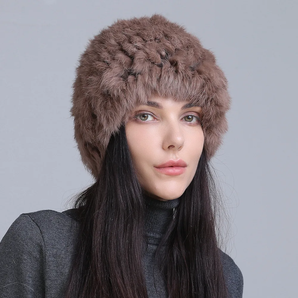 Rabbit Hair Twill Fur Hat for Women, Thick Yarn Knitted Pineapple Hat, Winter Warmth