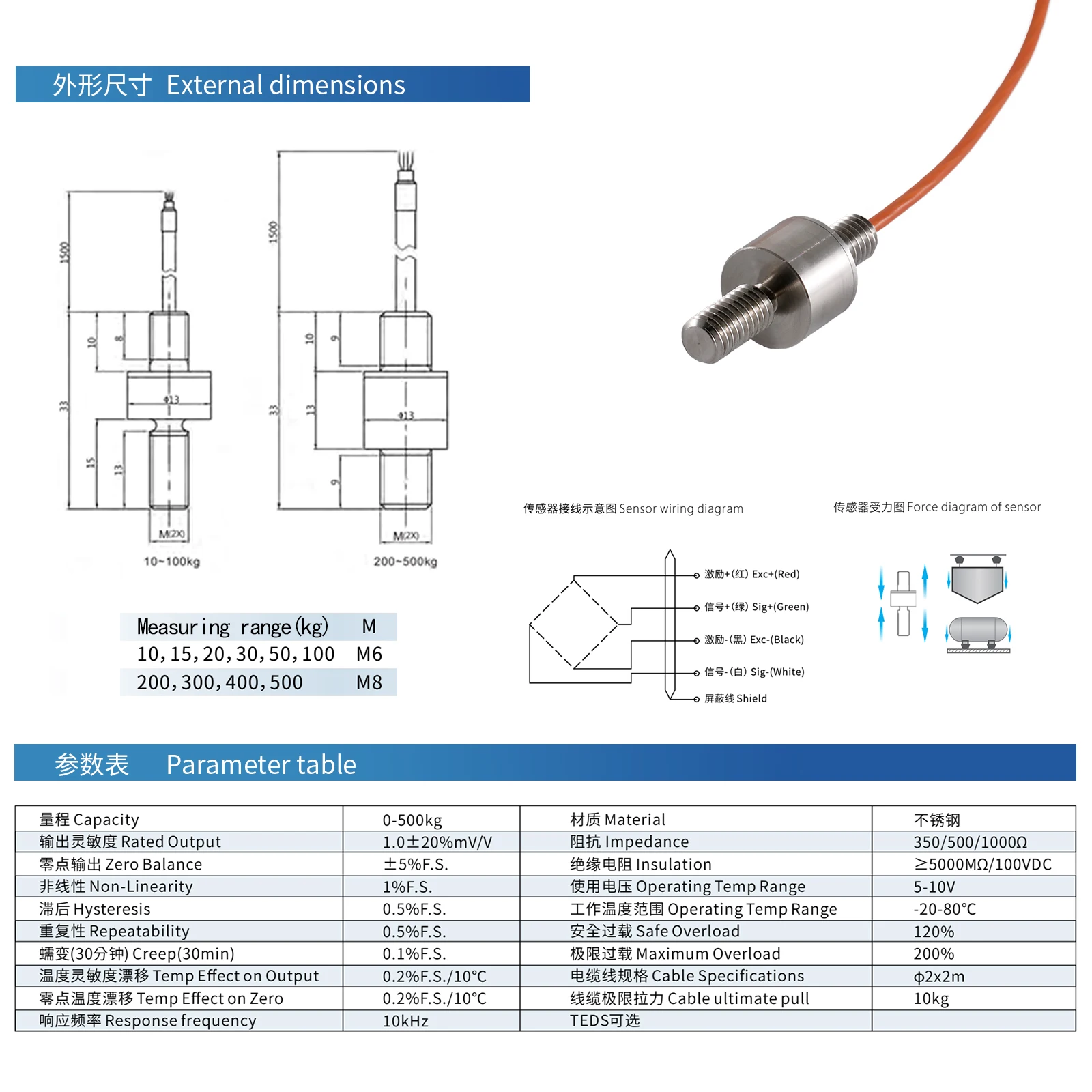 Micro Load Cell Pressure Tension Sensor Force Column Gravity Automatic Force Measurement  100KG 200KG 300KG 500KG Adapts HX711