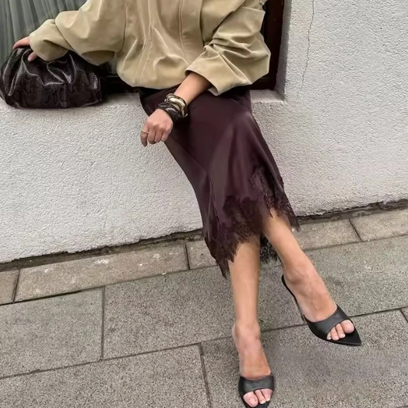 Black Lace Panelled Hem Draped Cut Silk Satin Skirt Elegant Party Date Outfit Womens Fashion Skirt Bottoms Trafizaran