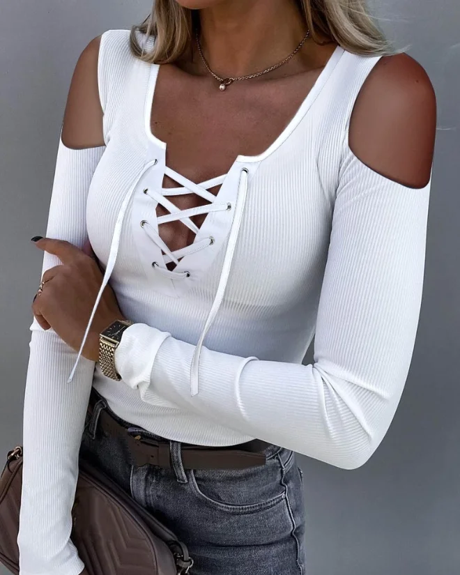 

Fashion Woman Blouse 2023 Spring Grommet Eyelet Lace-Up Cold Shoulder Casual Plain Long Sleeve Skinny Daily Basics Ribbed Top