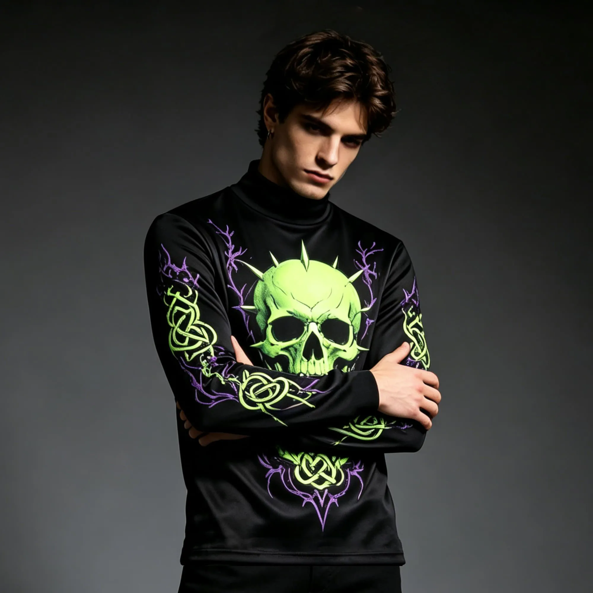 Spiked Skull Purple Thorn Pattern Men Mock Neck Long Sleeve Shirt Black Base Breathable Biker Punk Daily Athletic Top