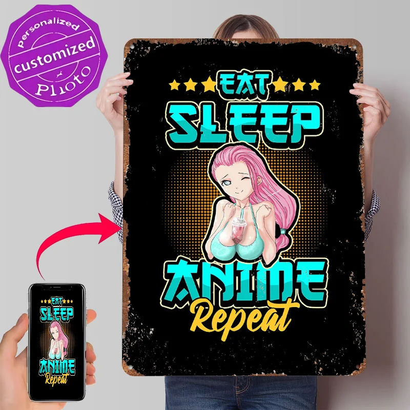 Eat Sleep Anime Repeat Tinplate Poster Customized Wall Art Retro Vintage Metal Signs for Fans Home and Decoration Gaming House
