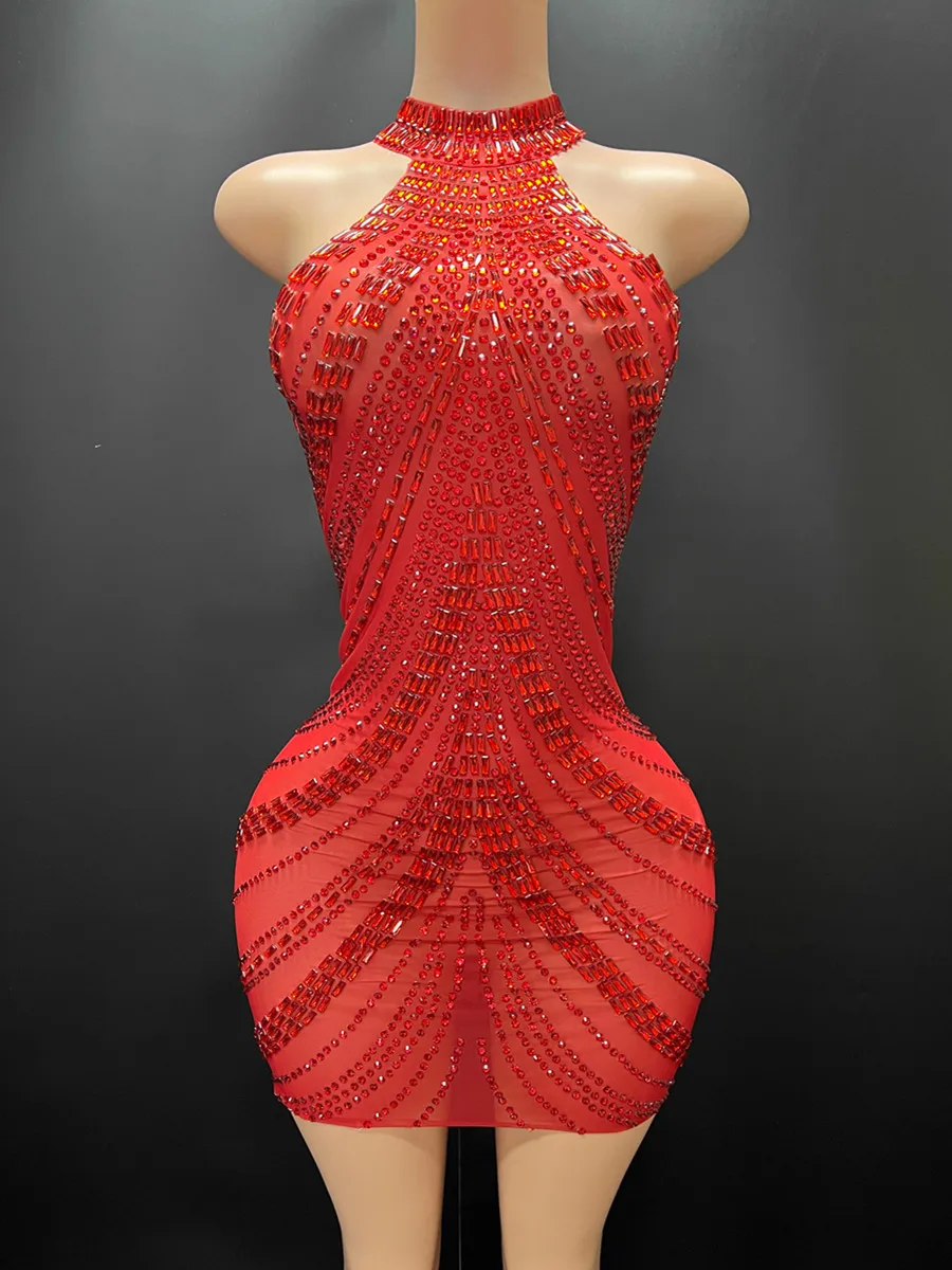 High end luxury performance Dresses Backless Crystal Sequins Full Diamond Mini Bodycon Dress 2024 Elegant Party Evening