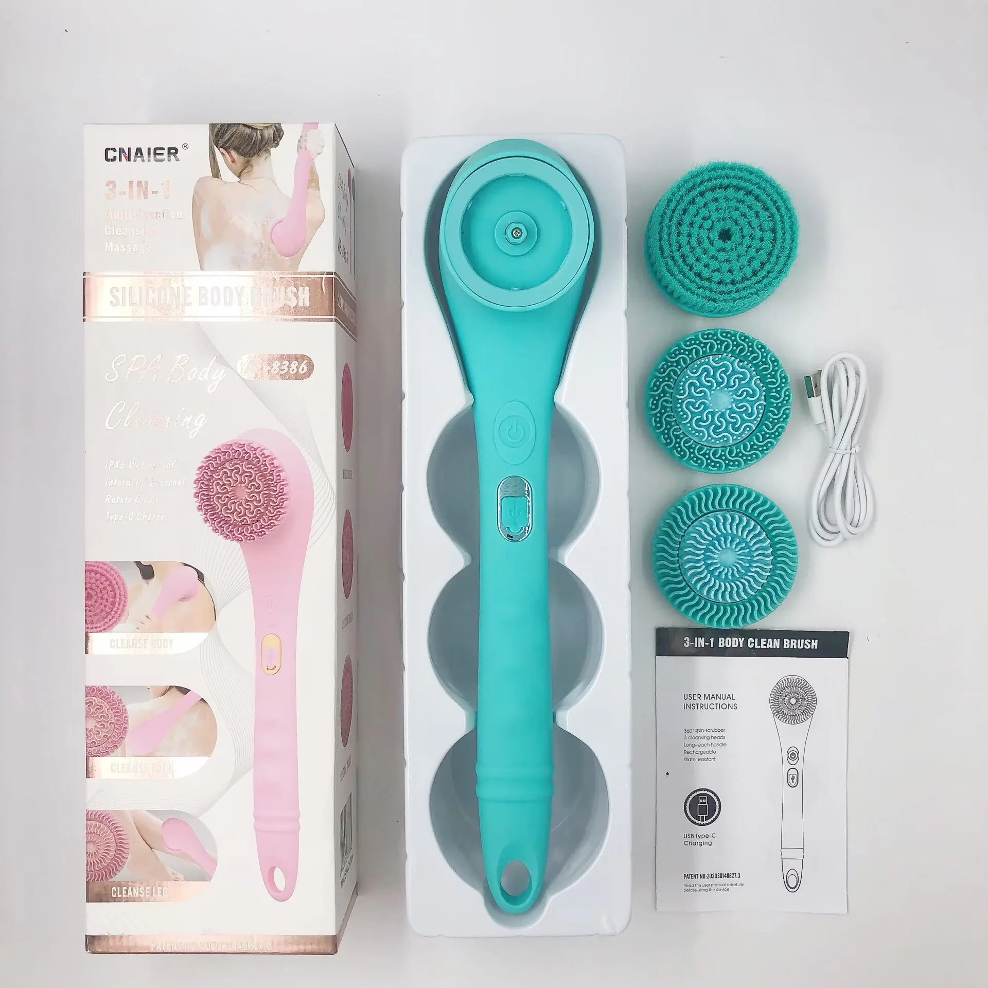 Electric Rechargeable Long Handle Silicone Shower Brush Rotating Body Cleaning Brush For Bathroom Body Massage Bath Tool