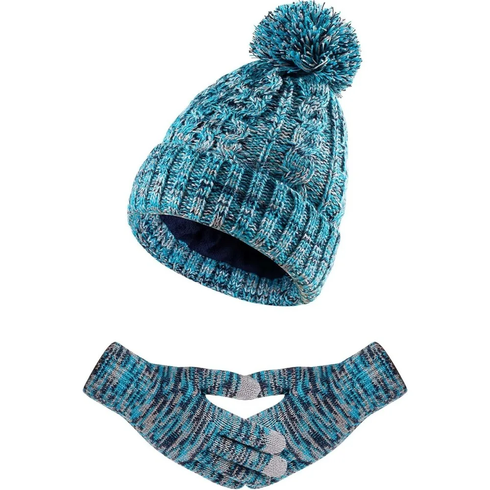 مجموعة قفازات نسائية شتوية دافئة متماسكة قبعة صغيرة مبطنة بالصوف مع قفازات تعمل باللمس