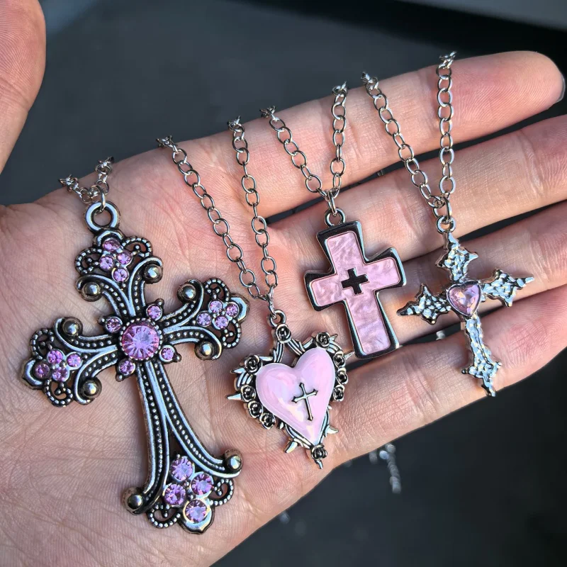 4 Pink Gothic cross pendants, inlaid with silver powder imitation enamel perforated heart-shaped jewelry