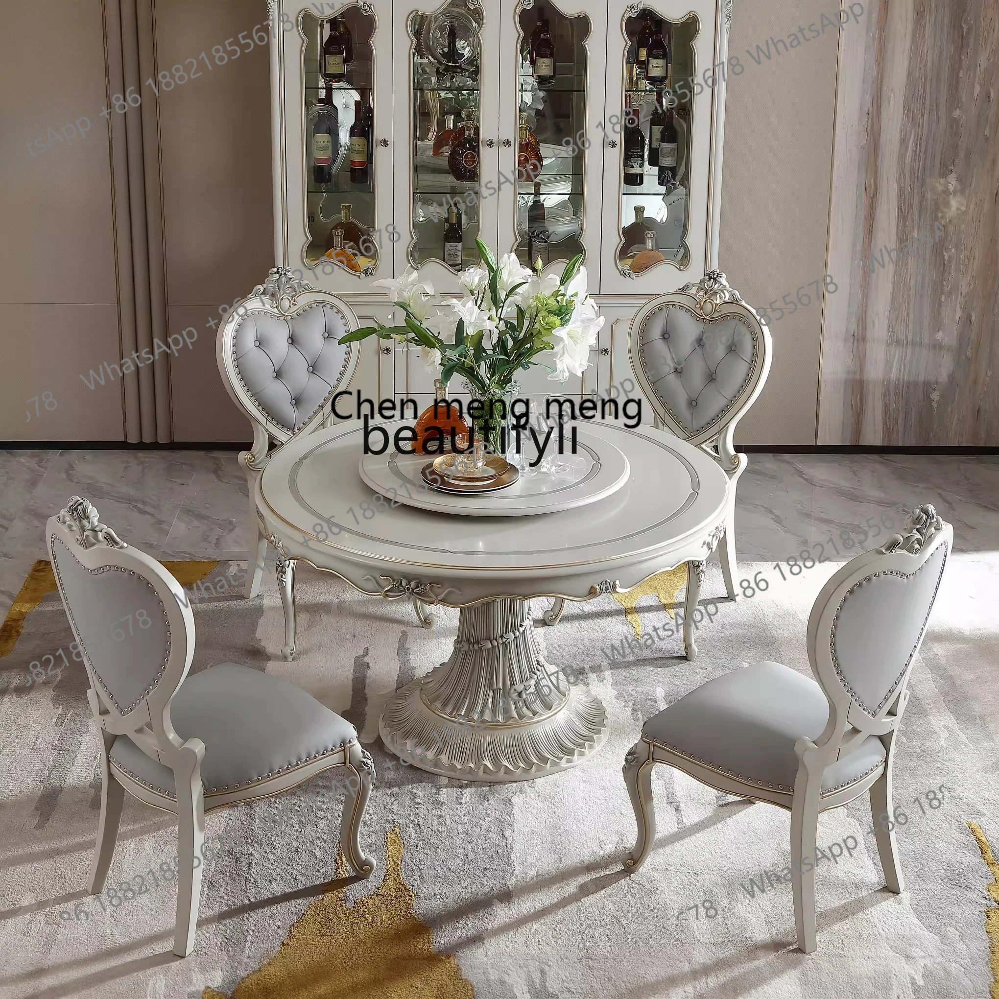 X  New household, light luxury, round dining table, turntable solid wood carving flower dining table