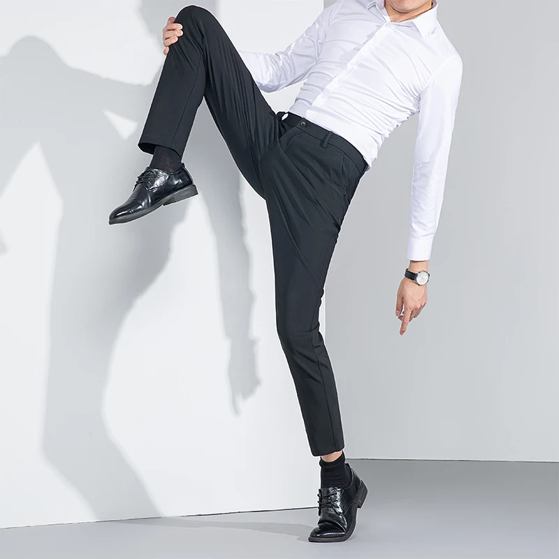 

Men Thermal Stretch Business Casual Trousers for Autumn Winter Black Gray Blue Straight Pant with Plush Fleece High Elasticity