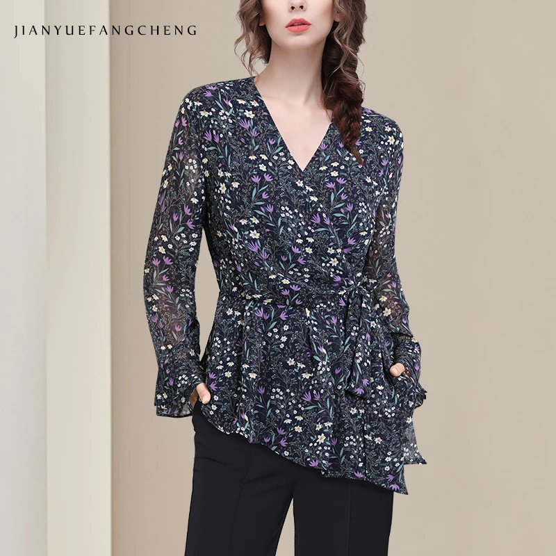 

Elegant Little Floral Printed Women' Chiffon Blouse Long Sleeve V-Neck Lace-up Top 2025 Fall New Work Casual Shirts