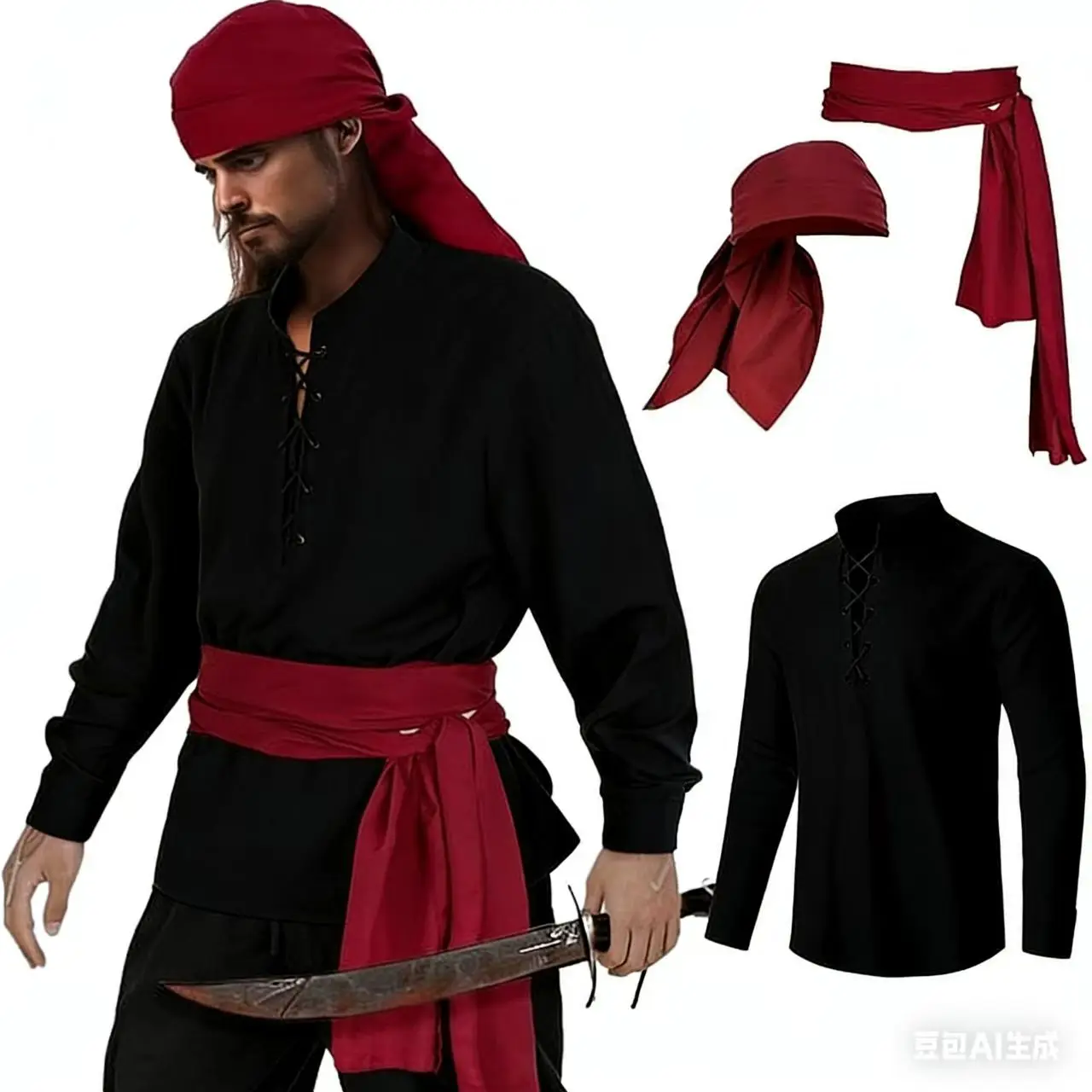 Herren Piraten 3-teiliges Kostüm-Set Renaissance Piratenhemd Mittelalterliches Kostüm Wikinger