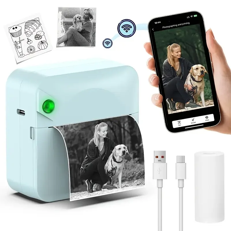 HUIJUKEJI Mini Printer, Portable Inkless Thermal Sticker Printer with 1 Roll of Thermal Paper, Wireless Note Printer, Ideal for Photos, Journals and Memos