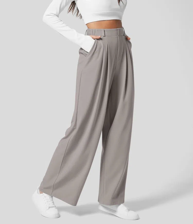 Damenhose, karierte, figurbetonte Hose mit weitem Bein und Taschen, hochtaillierte, lässige, figurbetonte Hose mit weitem Bein für Damen. – Detail 23