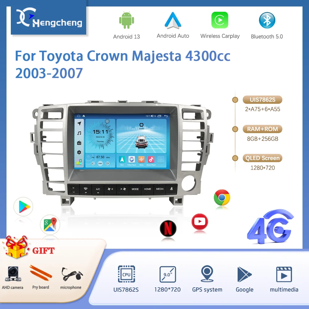 9Inch For Toyota Crown Majesta 4300cc 2003-2007 Car Multimedia Video Player GPS Navigation Radio Android 13 Carplay 4G 360Camera