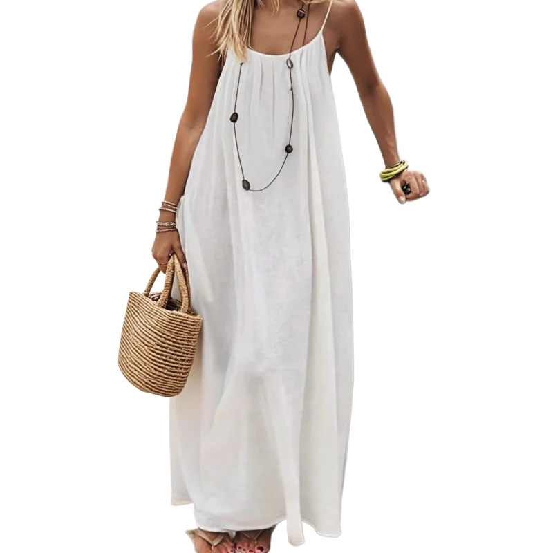 Women Spaghetti Strap Linen Maxi Dress Scoop Neck Gathered Bust Loose Flowy Long Dress Casual Beach Vacation Cover Up Dresses