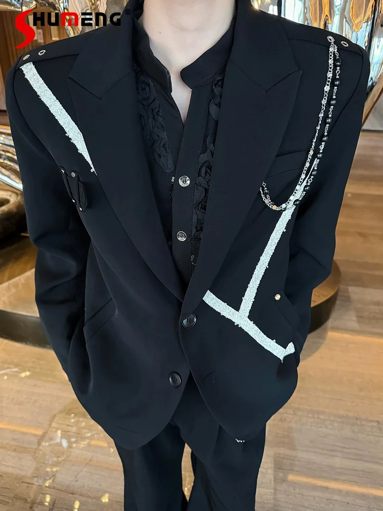 

2026 Trendy Chain Blazers Men's Contrast Color Bright Striped Splicing Design Handsome Suit Jackets Male Handsome Tailored Coats