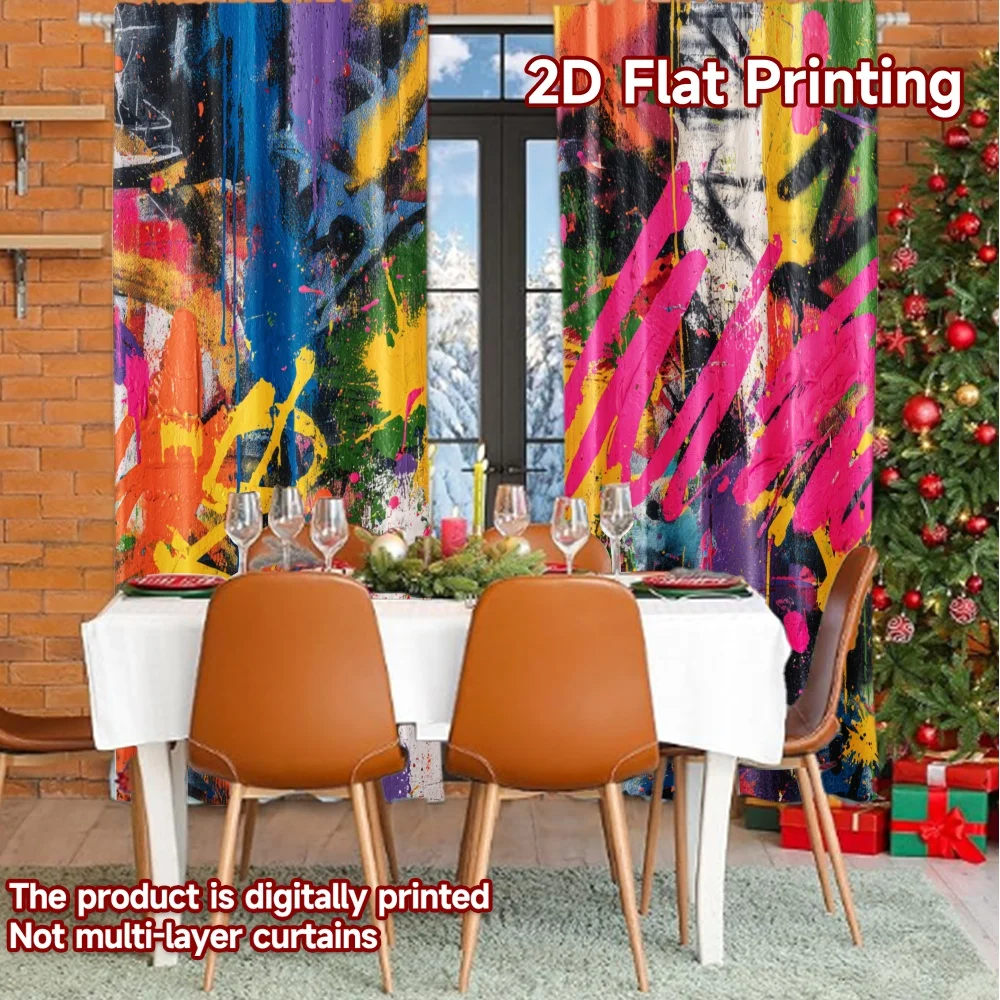 2 قطعة ، ستائر طباعة مسطحة ثنائية الأبعاد (بدون قضيب) ستائر وستائر ملونة لمهرجان عيد الميلاد ستائر وستائر متينة من نسيج البوليستر