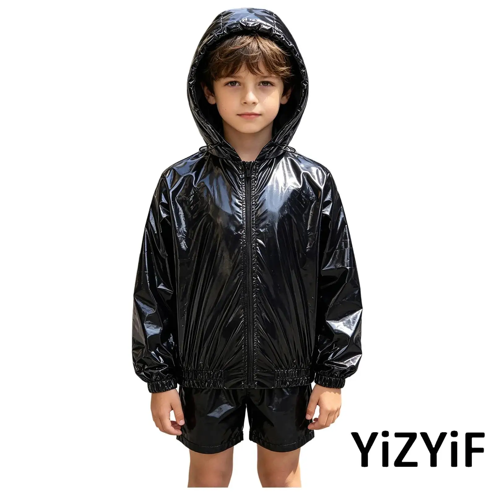 Boys Water Resistant Hooded Jacket Long Sleeve Front Zipper Drawstring Hood Athletic Outerwear Jazz Hip Hop Party Dance Clothing