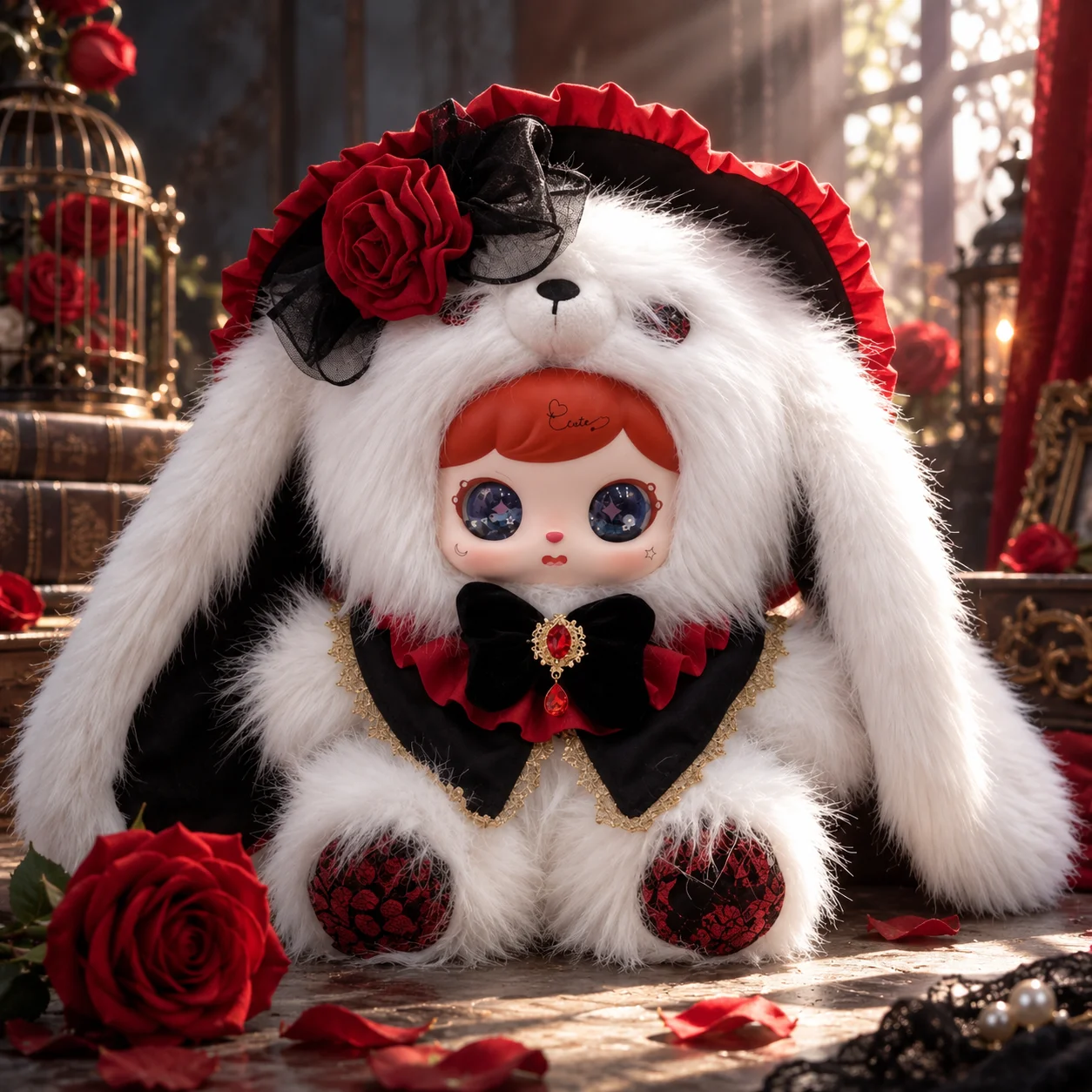 TLIT Gothic White Bunny Plush Doll Vinyl Face Kawaii Collectible Art Toy Long Ear Rose Bow Furry Figure Room Decor Birthday Gift