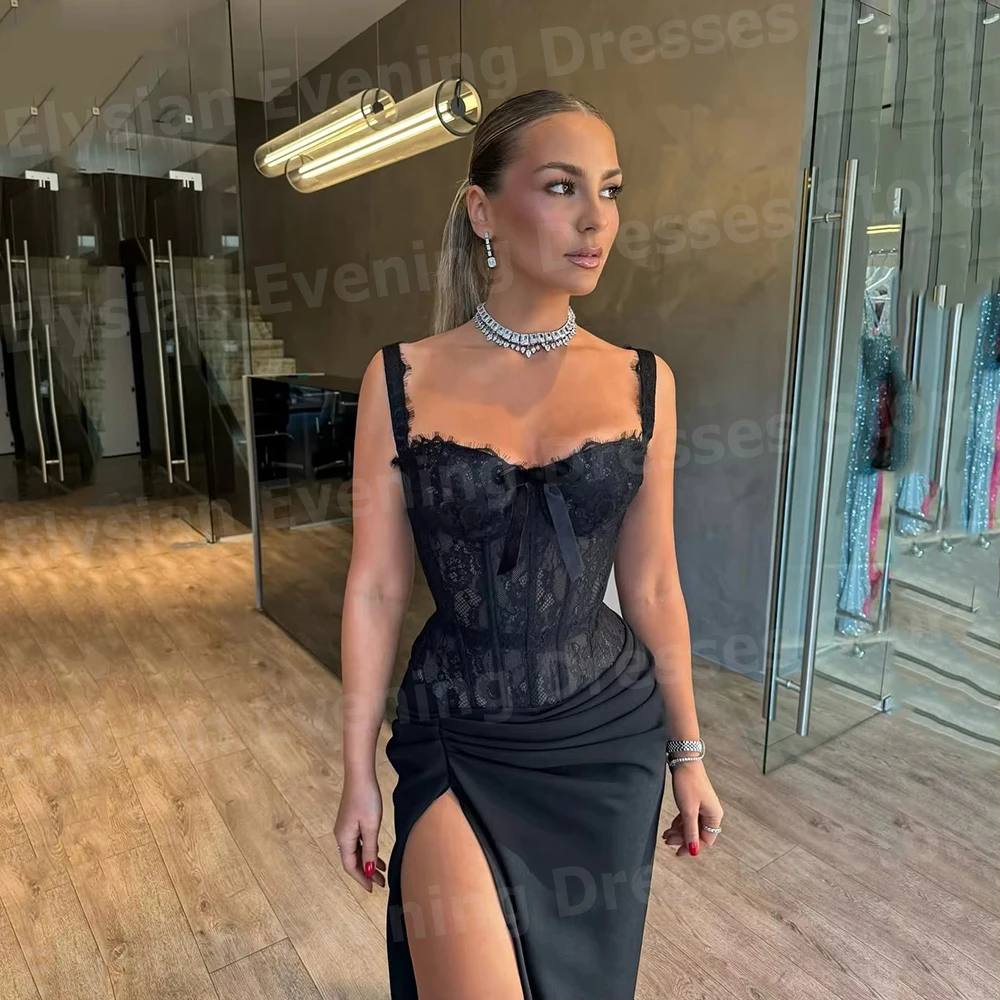 

Charming Women's Mermaid Evening Dresses Spaghetti Strap Customized Lace Prom Gowns Sleeveless Slit Vestidos De Fiesta Elegantes
