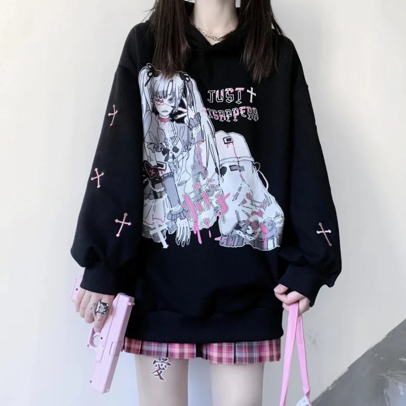 

2024 Spring Japanese Harajuku Anime Gothic Girl Print Hoodies Drop Shoulder Long Sleeve Loose Hooded Sweatshirt Teens Streetwear