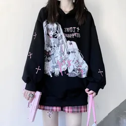 2024 Spring Japanese Harajuku Anime Gothic Girl Print Hoodies Drop Shoulder Long Sleeve Loose Hooded Sweatshirt Teens Streetwear