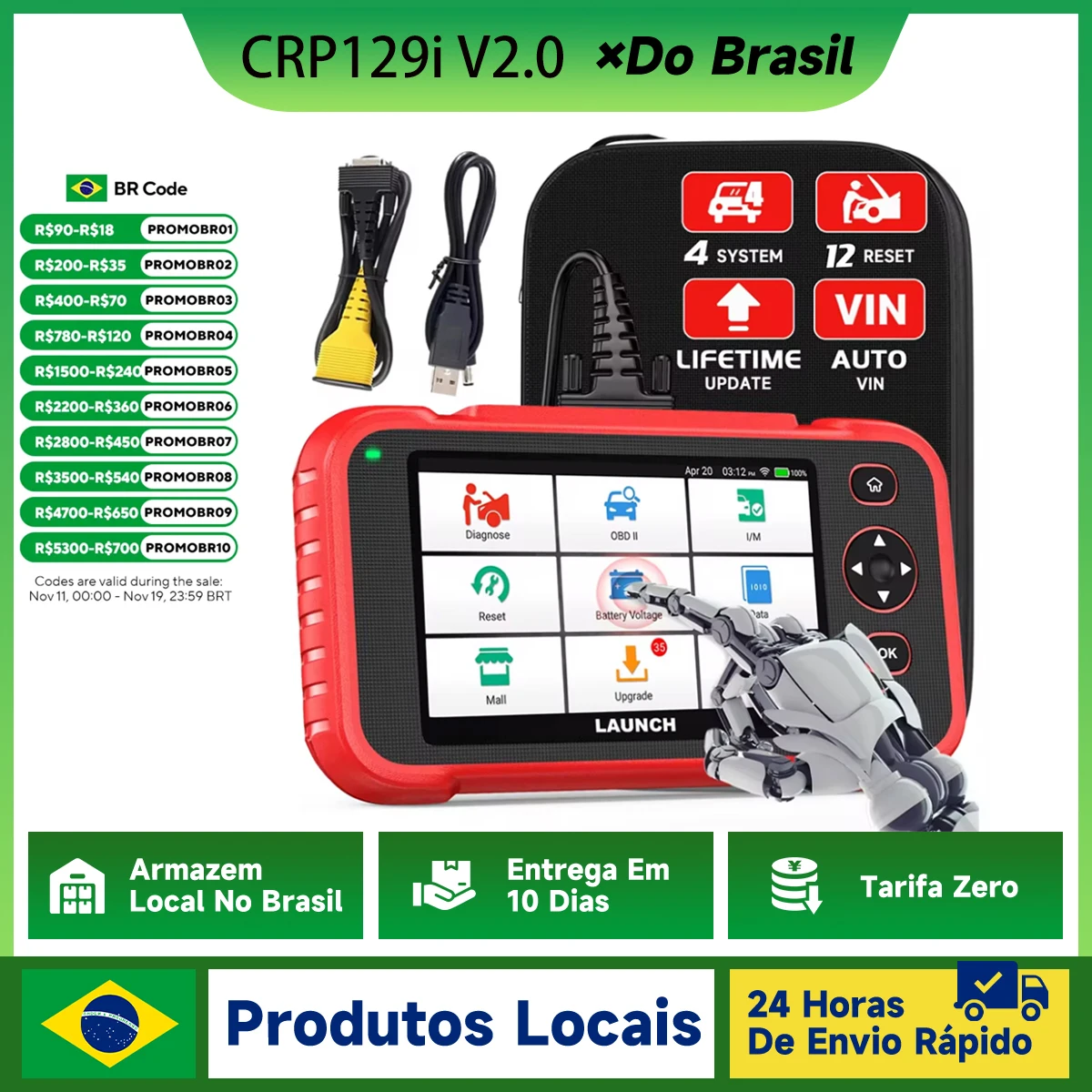 

New LAUNCH CRP129i V2.0 OBD2 Scanner 4 System Auto Diagnostic tool DPF SAS TPMS 12 Service FCA AutoAuth Lifetime Free Update