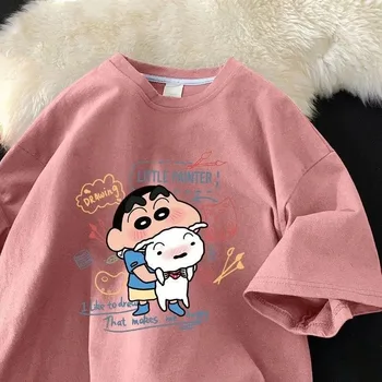 여아용 귀여운 짱구 반팔 티셔츠, 프린트 루즈하고 편안한 학생 레저, 다용도 생일 선물