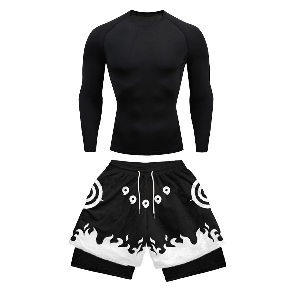 2PCS Anime Compression Sportswear Suit Men\'s Fitness Set Quick Dry Gothic Compression Shirt+Harajuk 2 in 1 Gym Shorts Summer