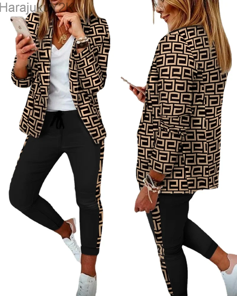 Mode Frauen zweiteilige Set Outfits Herbst Frauen drehen Druck Blazer Mantel Kordel zug Hosen Anzug Frauen lässig Set