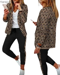 Moda Feminina Duas Peças Set Outfits 2023 Outono Mulheres Turn Down Imprimir Blazer Casaco de Cordão Calças Terno Mulheres Conjunto Casual