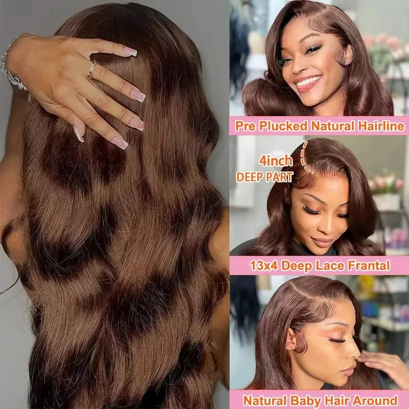 200% Density Chocolate Brown Human Hair Wigs 13x4 Body Wave Lace Front Wig Pre Plucked Chestnut Brown Colored Human Hair Wigs For Women HD Transparent Lace Front Wig 24 Inch