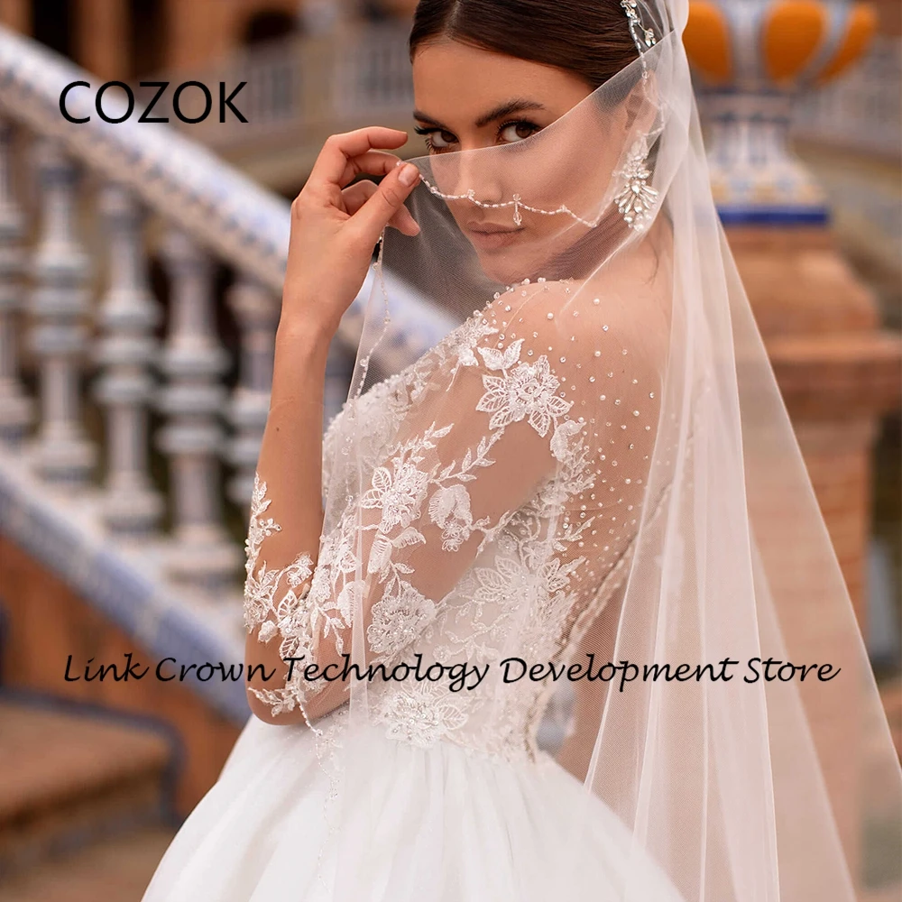 COZOK A Line Strapless Wedding Dresses for Women 2024 Summer Full Sleeve Bridal Gowns with Lace New Soft Tulle Vestidos De Novia