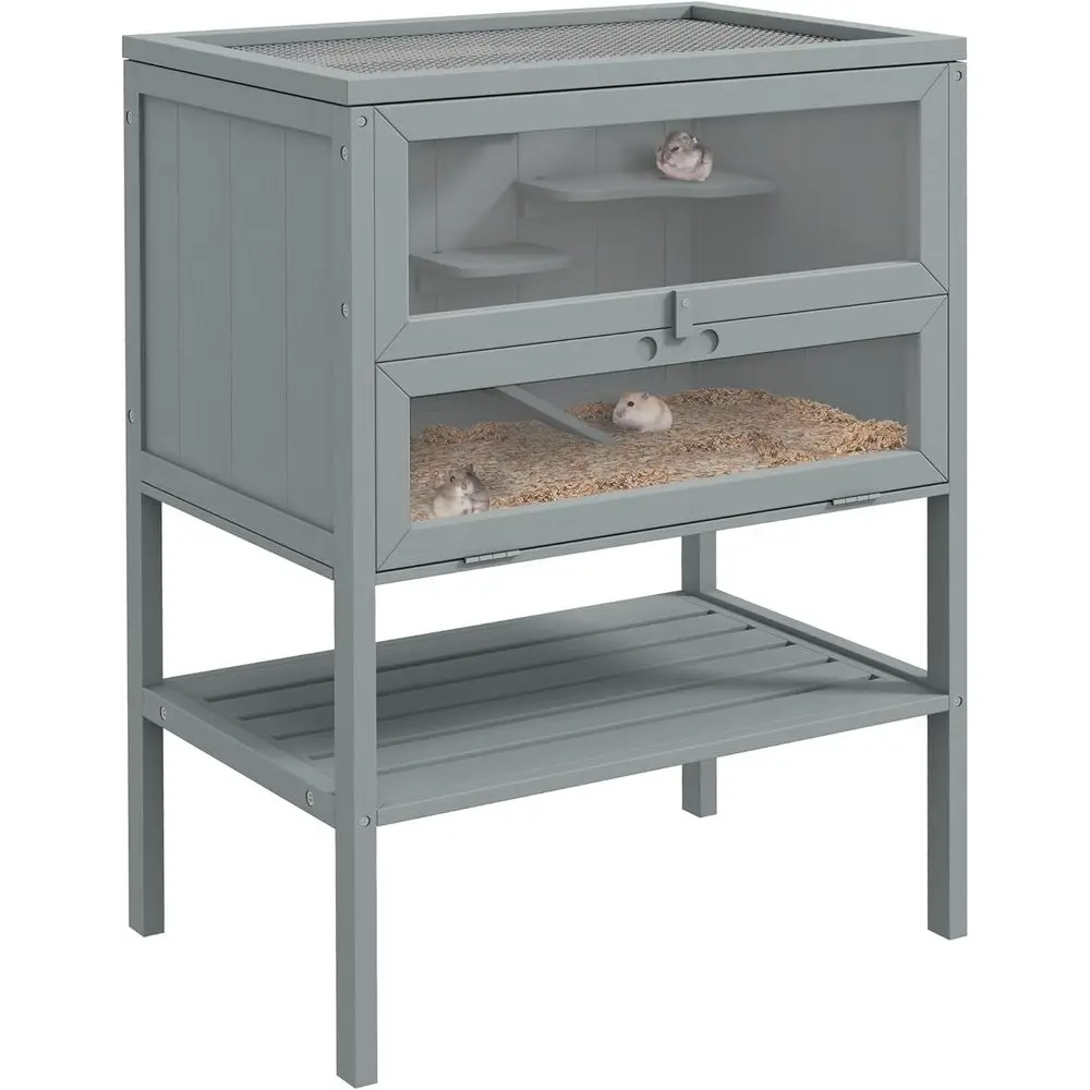 

Трехуровневая деревянная клетка для хомяков с открывающимся верхом, передней дверцей, полкой для хранения, серая