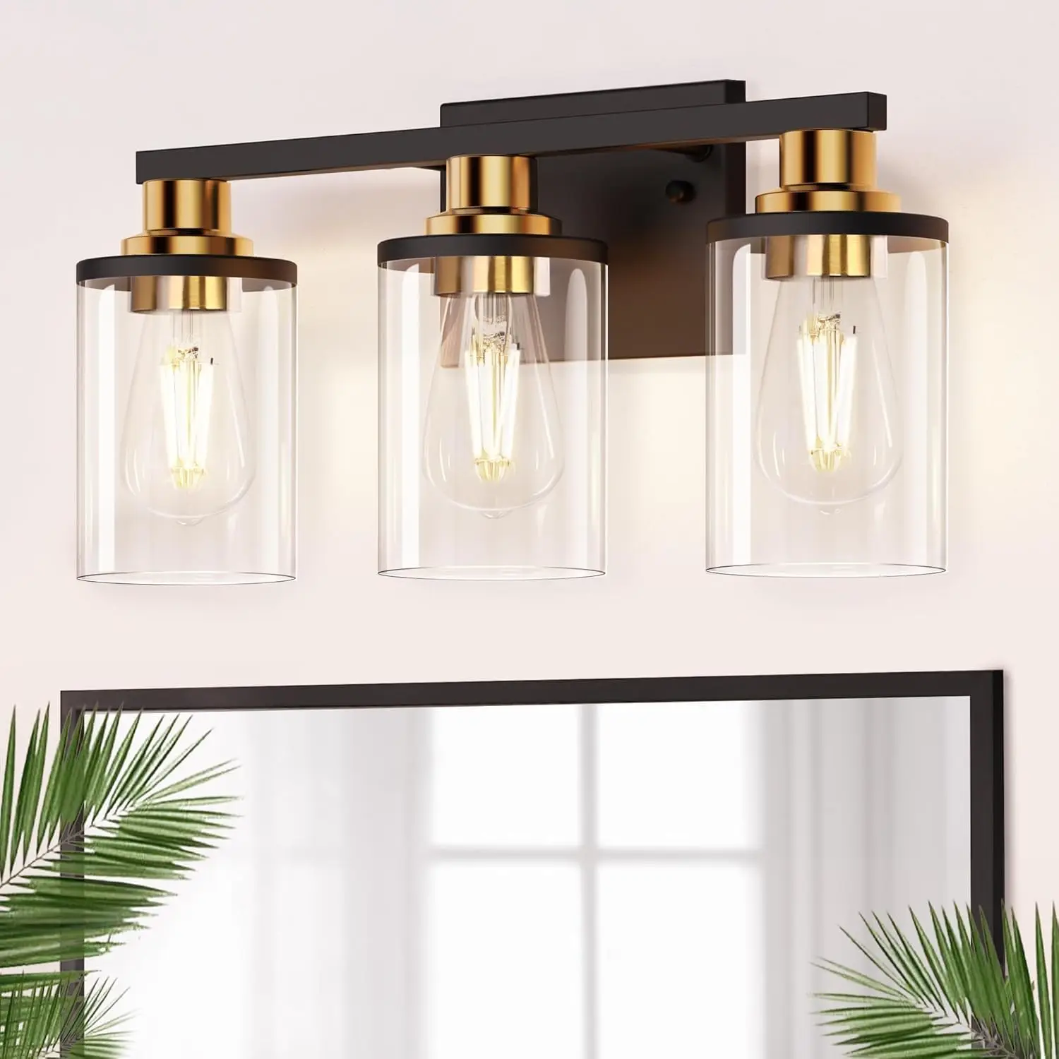

3-Light Black Gold Bathroom Vanity Light with Clear Glass Shade, ETL Listed