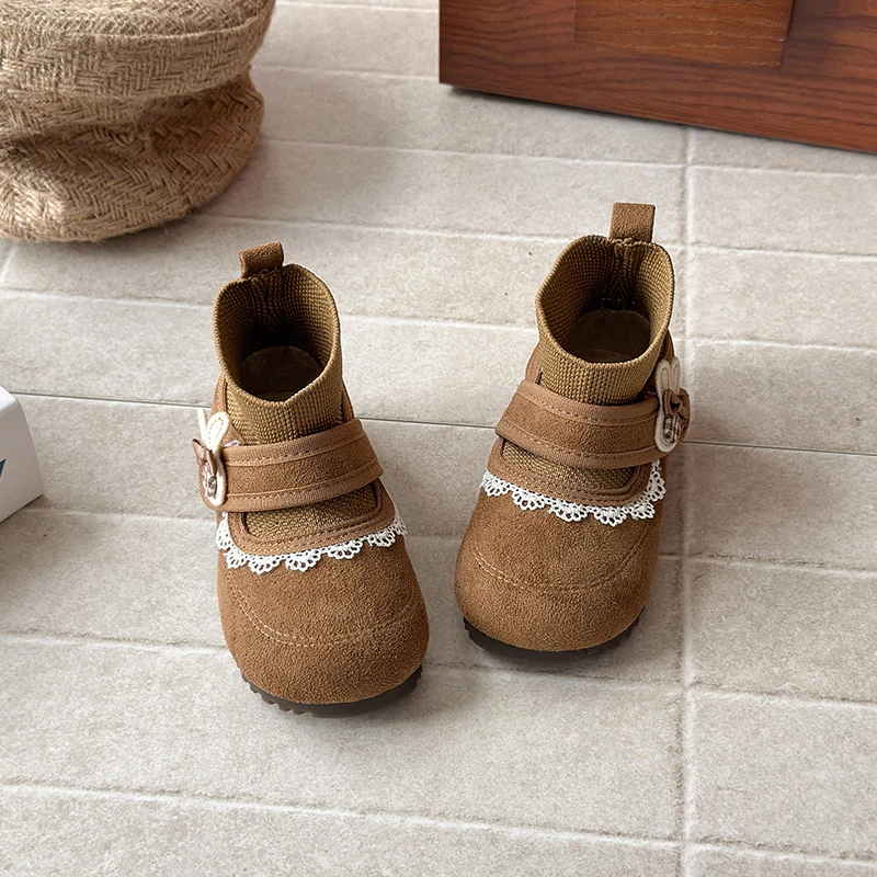 여아 레이스 앵클 부츠 2025 가을 여아 소프트 솔 미끄럼 방지 메리 제인 공주 신발 아기 양말 부츠 귀여운 어린이 숏 부츠