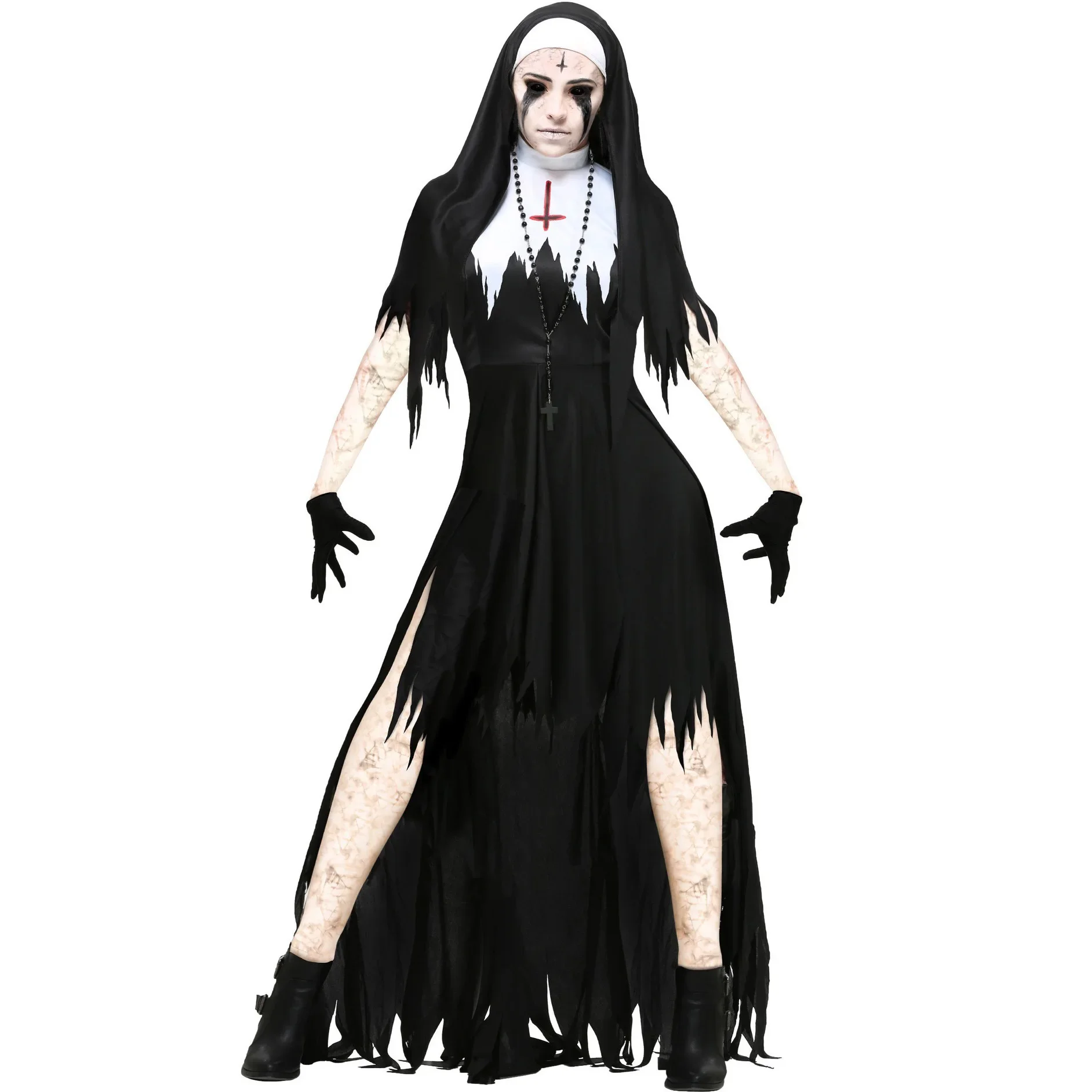 Costume Cosplay di Halloween Nun Costume da donna spaventoso Costume da sorella peccaminosa Costume da demone vampiro abito lungo con stampa incrociata