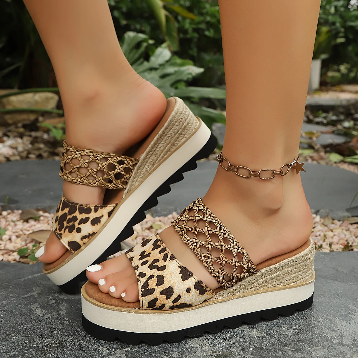 

Lady Women Leopard Print Hollow Woven Double Band Platform Espadrille Slides Open Toe Casual Summer Wedge Sandals Slippers Shoes