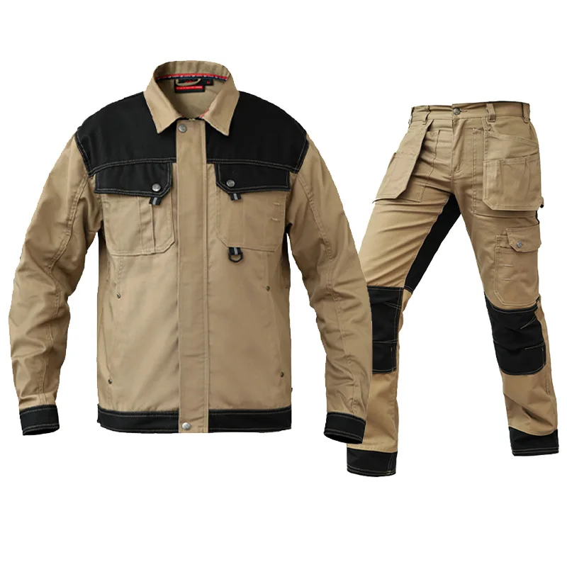 Workwear Men Jacket Khaki Work Jacket Overalls Multi-pocket Wear-resistant Working Pants Men with Knee Pads